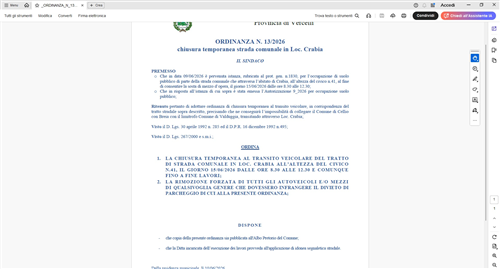 Pubblicazione copia Ordinanza n.13-2026 del Comune di Cellio con Breia per strada chiusa al traffico 15-06-2026 Loc. Crabia.