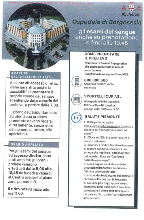 ASL Informa:  DAL 10 SETTEMBRE 2026 CAMBIO MODALITA' DI ACCESSO PER ESAMI DEL SANGUE PRESSO L'OSPEDALE DI BORGOSESIA