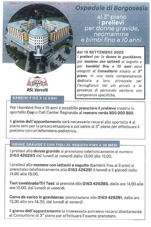 ASL Informa:  DAL 10 SETTEMBRE 2026 CAMBIO MODALITA' DI ACCESSO PER ESAMI DEL SANGUE PRESSO L'OSPEDALE DI BORGOSESIA